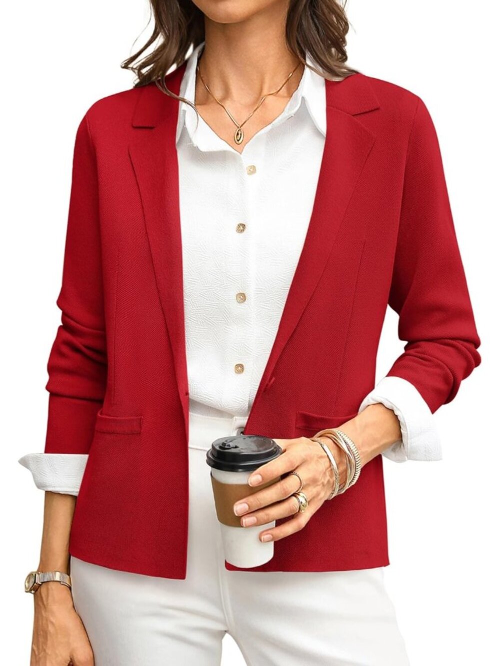 Women's Red Sweater Blazer Business Casual Knit Suit Jackets With Long Sleeve